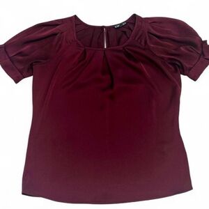 Elegant Burgundy Nice Blouse Short Sleeve Pleated Women's Top XS